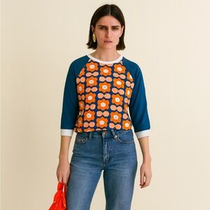 Retro look Floral Print Women's Top - Teal and Orange. NWT made in Germany